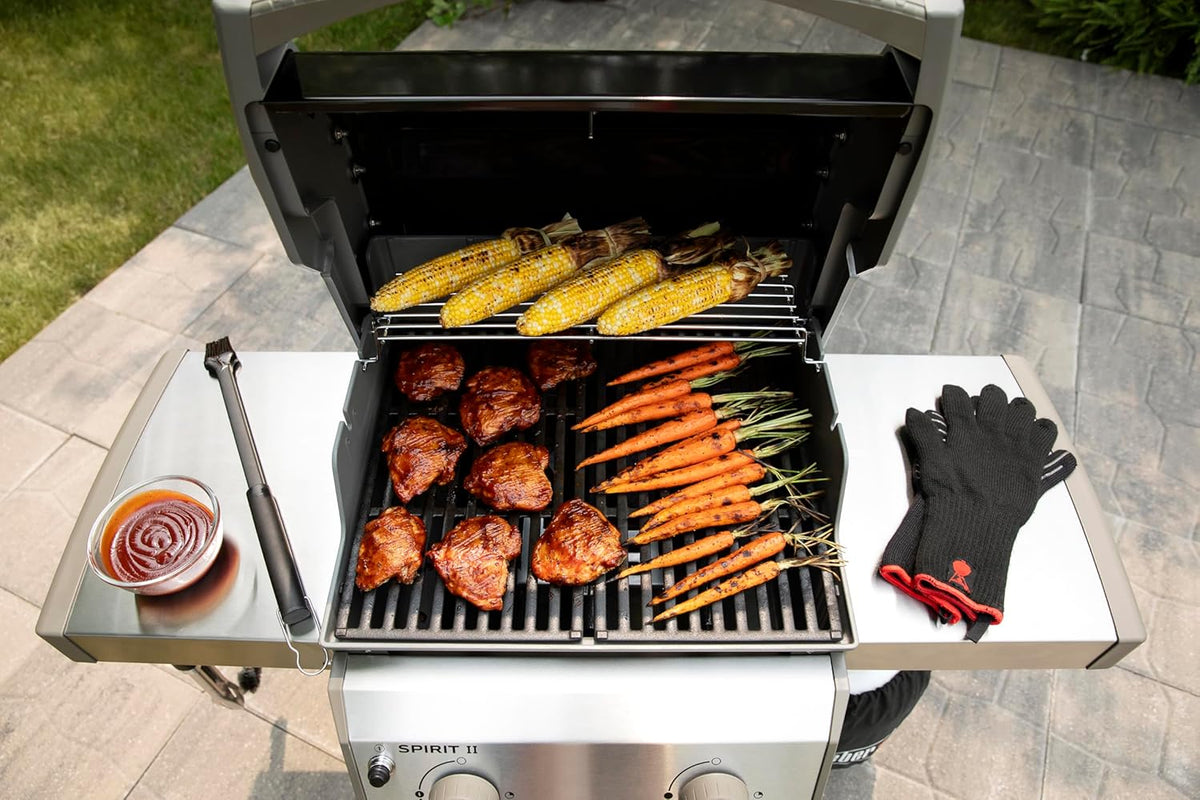 Spirit II E-210 GBS Gas Barbecue, 2 Burners, 51 x 46 cm Cooking Surface, Lid Thermometer, Folding Side Table (Left), 4 Wheels - Black and Silver (44010153)