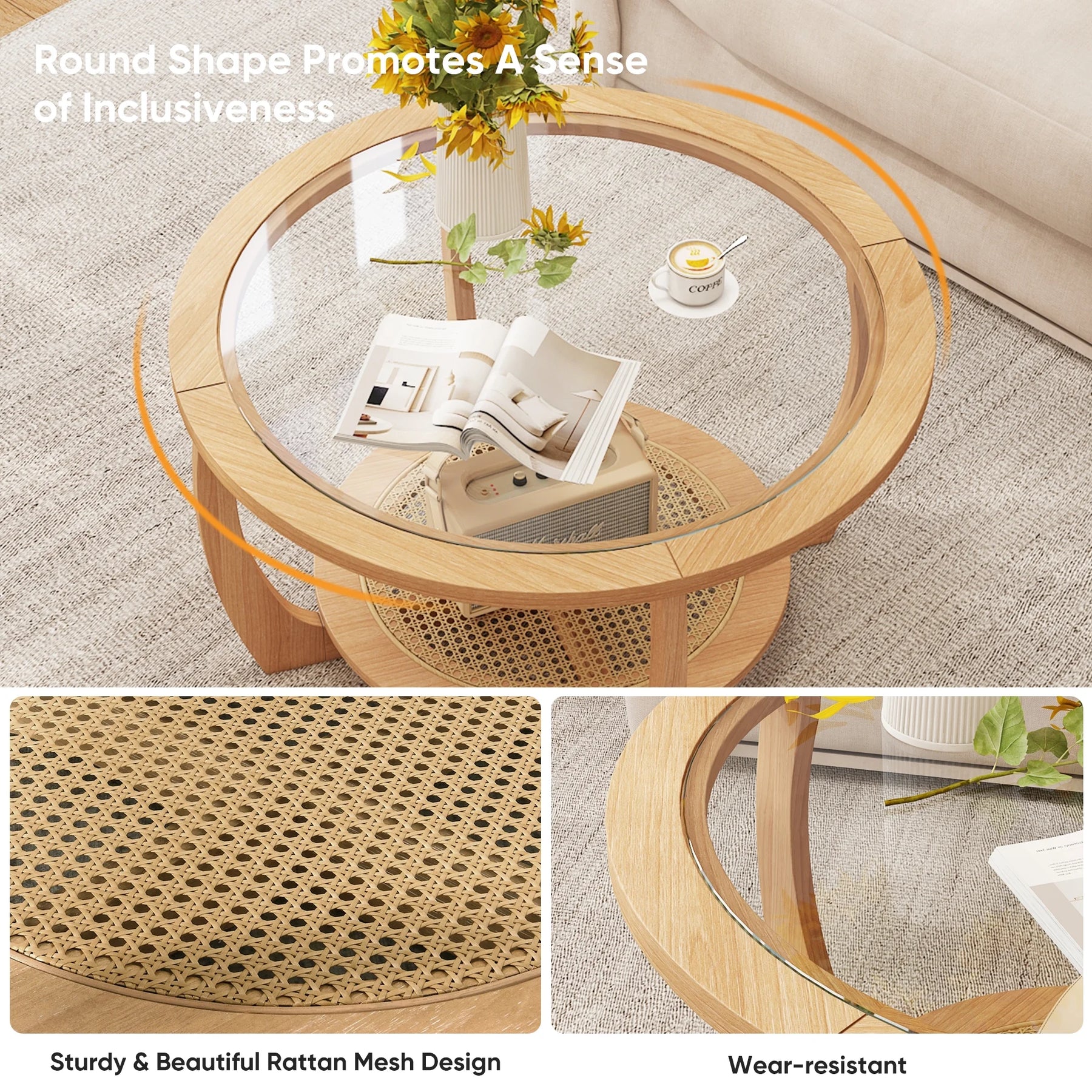 Round Wood Coffee Table with Glass Rattan Top, Wooden Circle Center Table with Curved Legs & Removeable - Product image 15