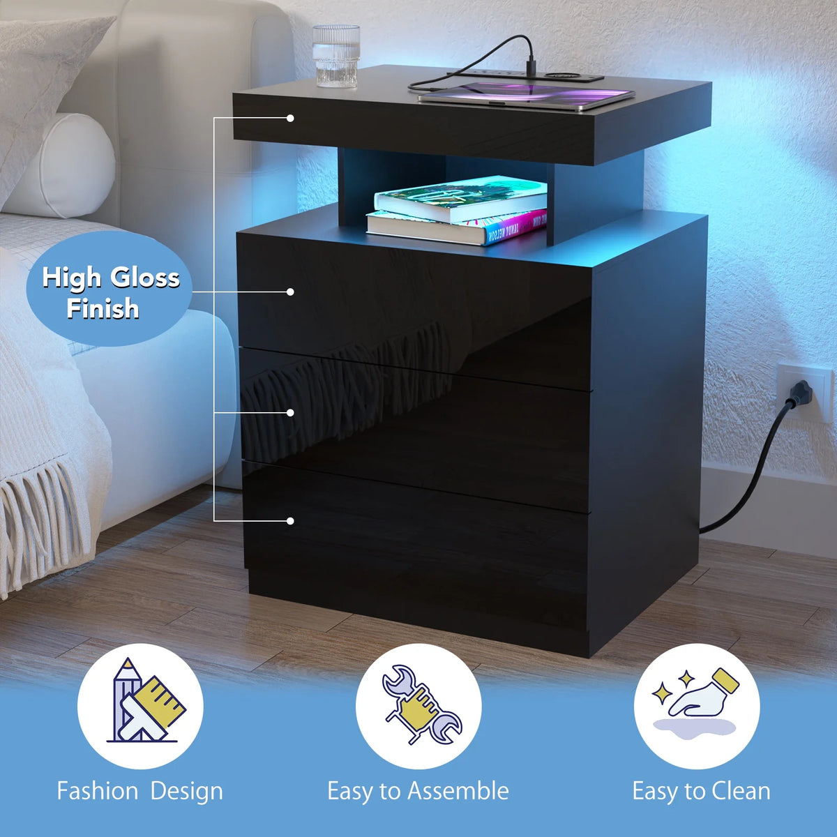 Hommpa LED Nightstand Wireless Charging Station USB Type C Outlets Bedside Table 3 Drawers Black Night - Product image 9