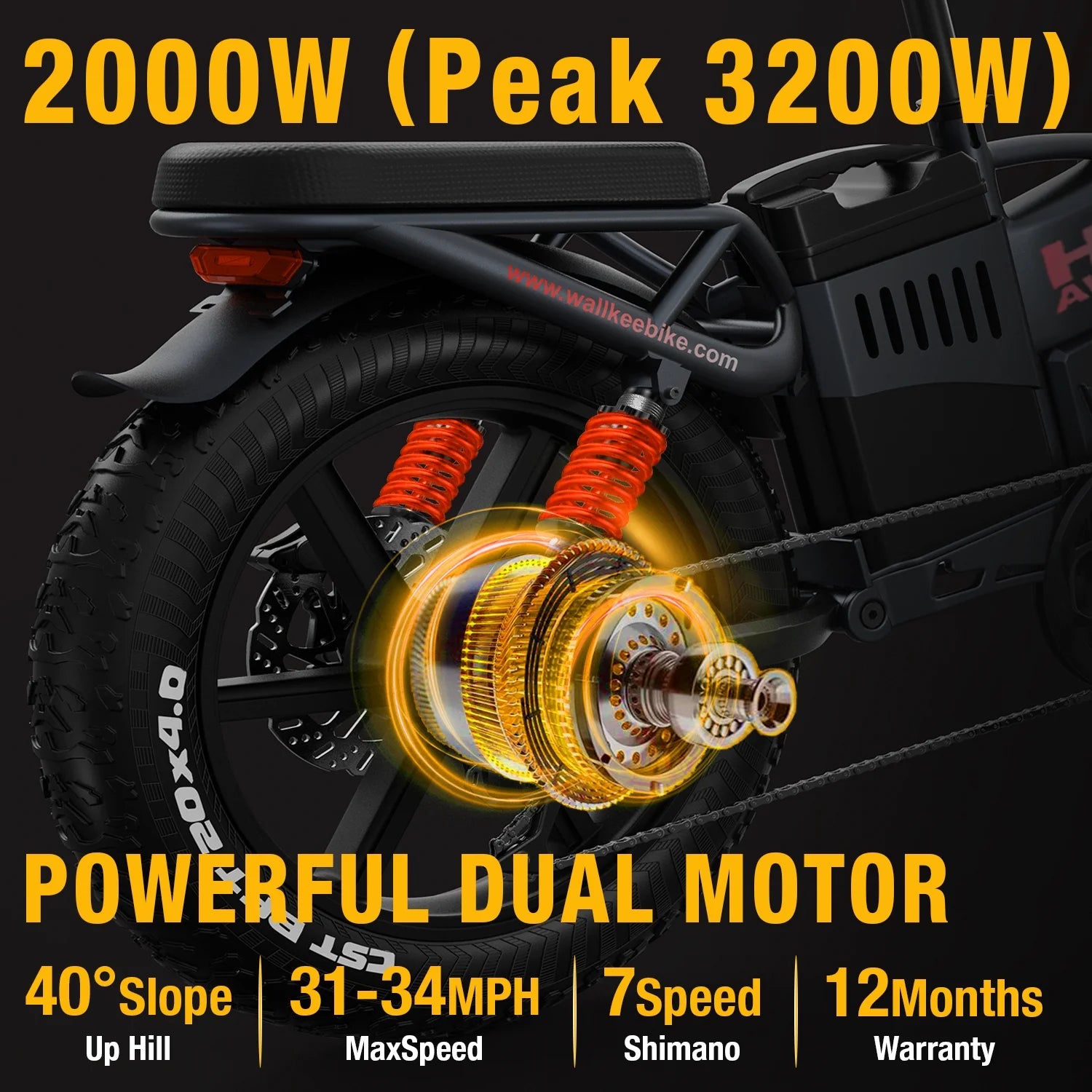Wallke H9 AWD 3200W Dual Motor Electric Bike for Adult, 82ah 48V Dual Battery Long Range E - Bicycle, 31 - Product image 11