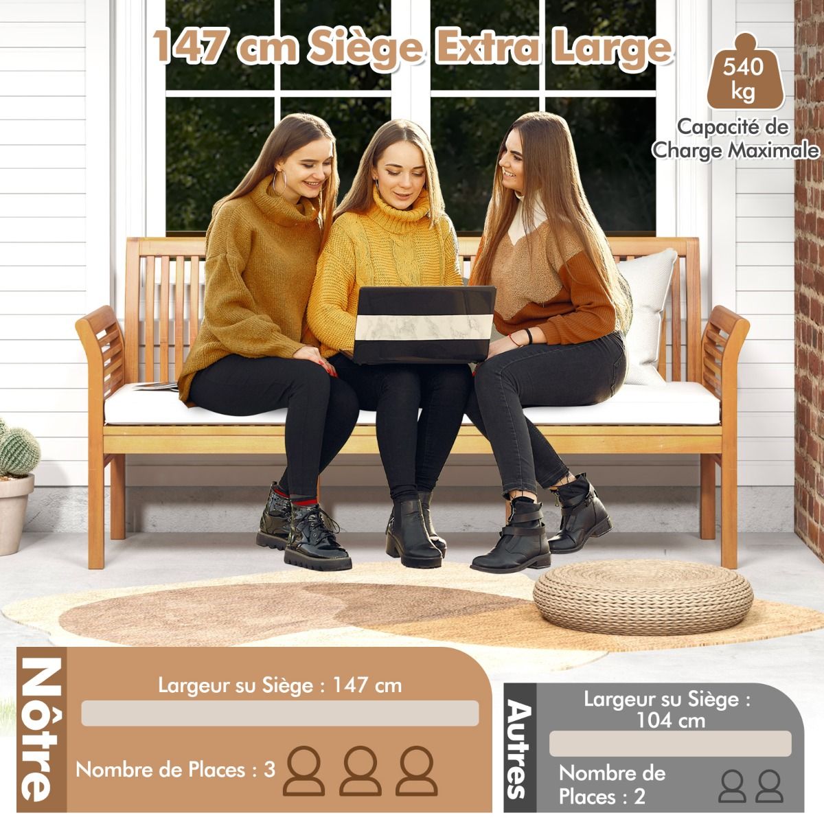3-Seater Wooden Terrace Bench 159 cm Long Acacia Bench with Soft Seat Cushions Ergonomic Backrest and Armrests White -