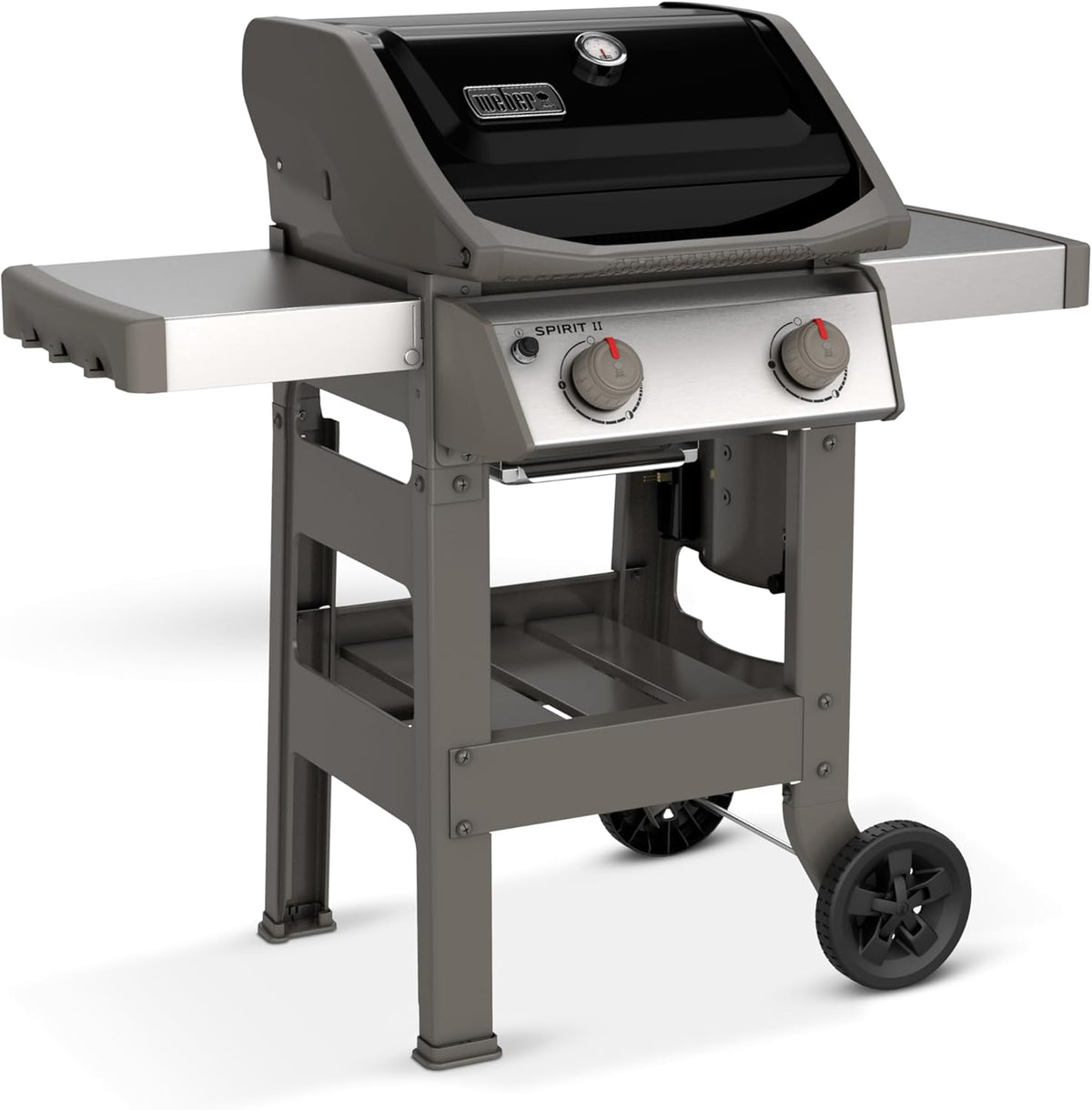 Spirit II E-210 GBS Gas Barbecue, 2 Burners, 51 x 46 cm Cooking Surface, Lid Thermometer, Folding Side Table (Left), 4 Wheels - Black and Silver (44010153)
