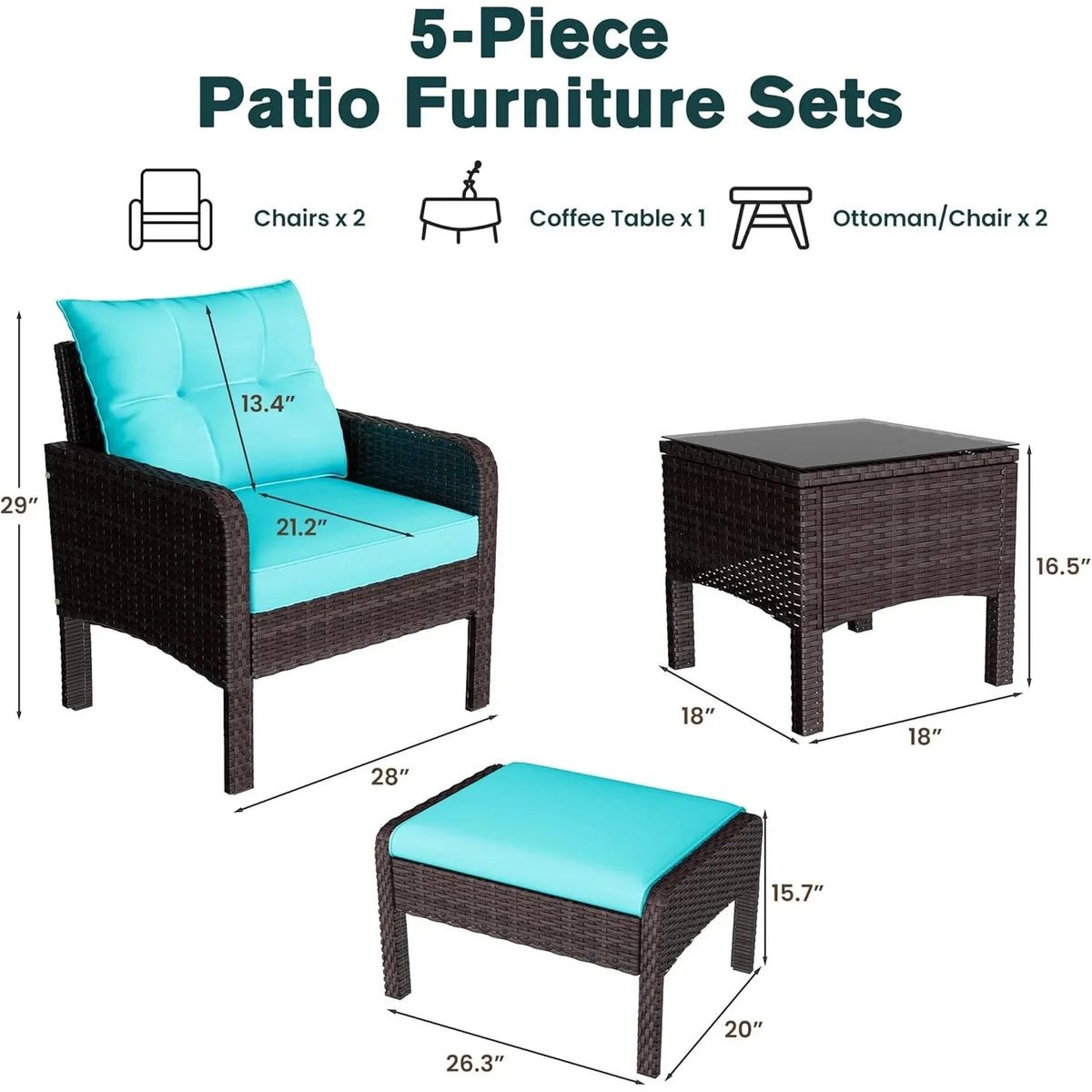 AECOJOY Outdoor 5 Pieces Patio Furniture Set, PE Rattan Wicker Chairs with Ottoman and Table, Brown/Blue - Product image 6