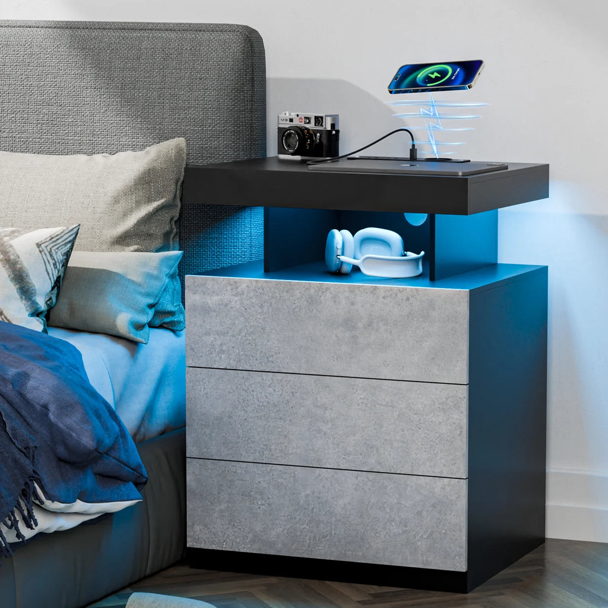 Hommpa LED Nightstand Wireless Charging Station USB Type C Outlets Bedside Table 3 Drawers Black Night - Product image 30