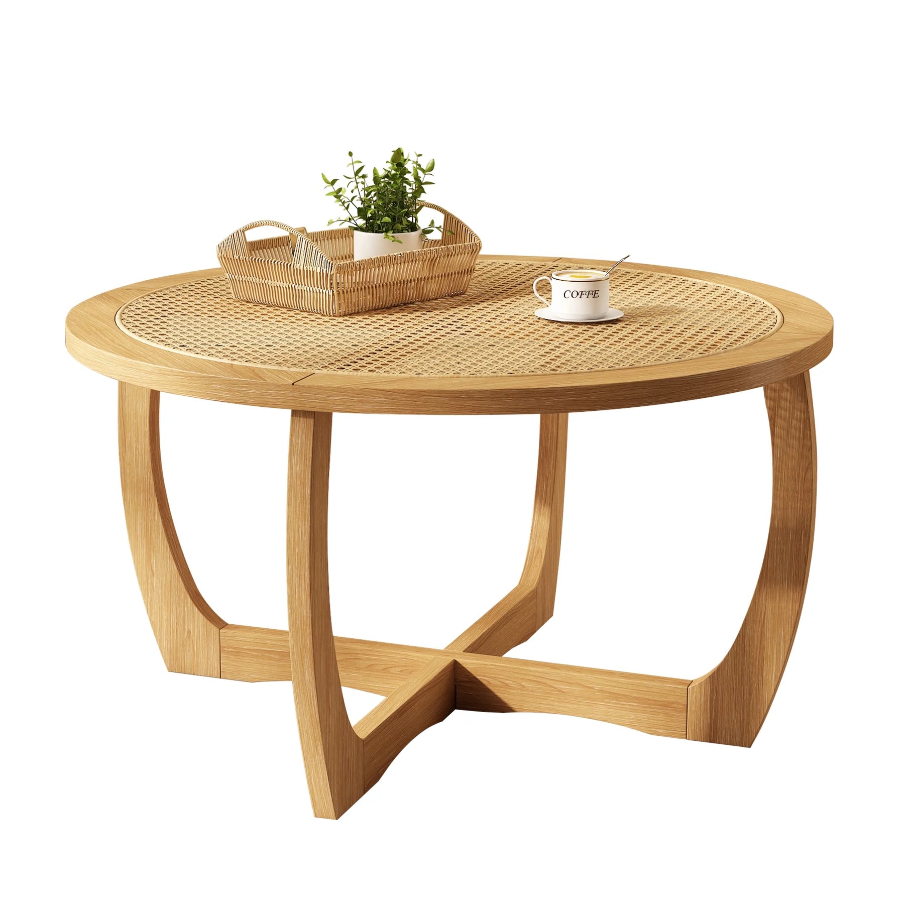 Round Wood Coffee Table with Glass Rattan Top, Wooden Circle Center Table with Curved Legs & Removeable - Product image 21