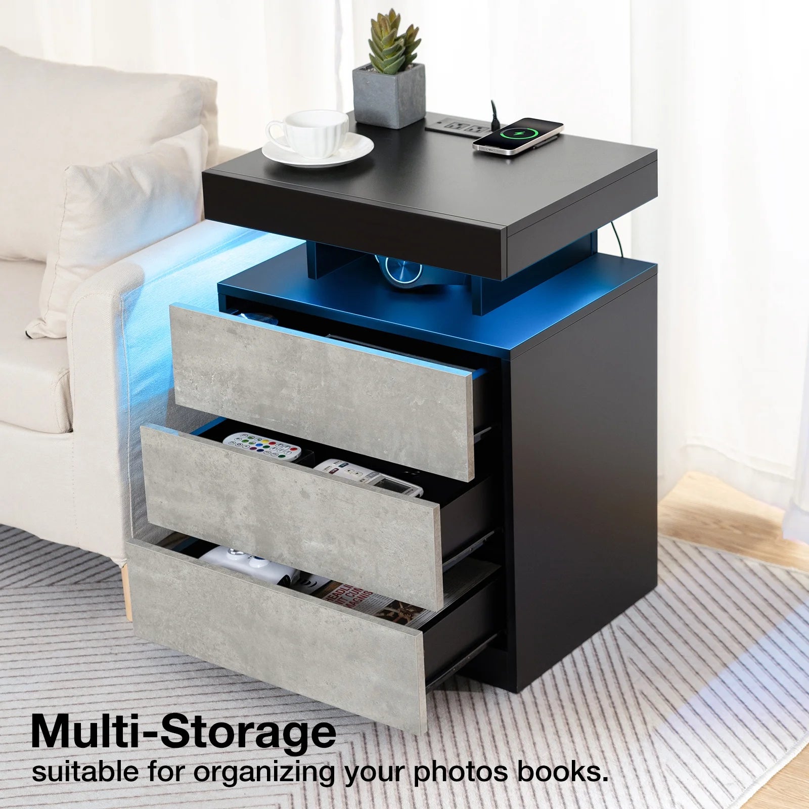 Hommpa LED Nightstand Wireless Charging Station USB Type C Outlets Bedside Table 3 Drawers Black Night - Product image 27