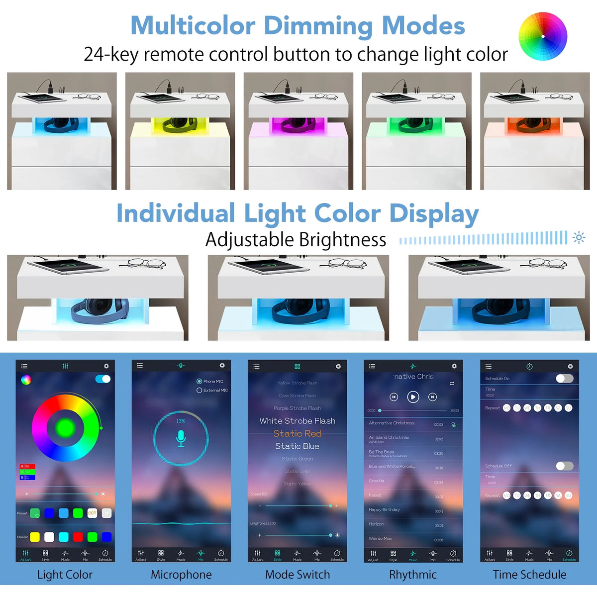 Hommpa LED Nightstand Wireless Charging Station USB Type C Outlets Bedside Table 3 Drawers Black Night - Product image 33
