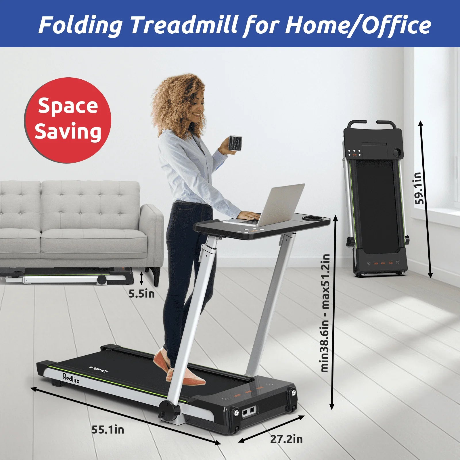 Redliro Folding Treadmills with Desk Adjustable Height 265 lb 2.25HP Walking Machine for Home Office - Product image 2
