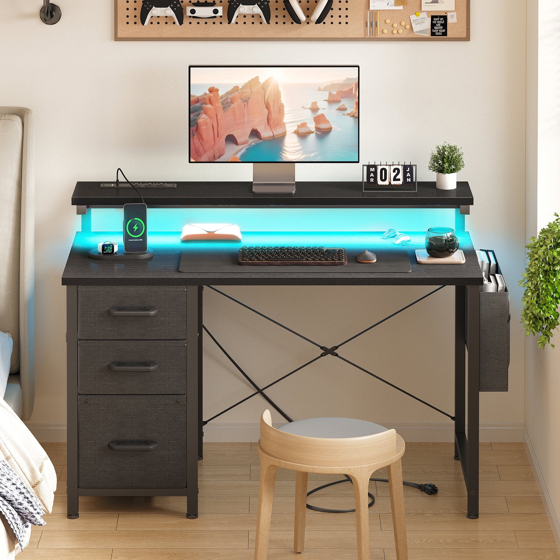 40 in Computer Desk with Power Outlets & LED Lights, Home Office Desk with 3 Drawers & Adjustable Monitor - Product image 14