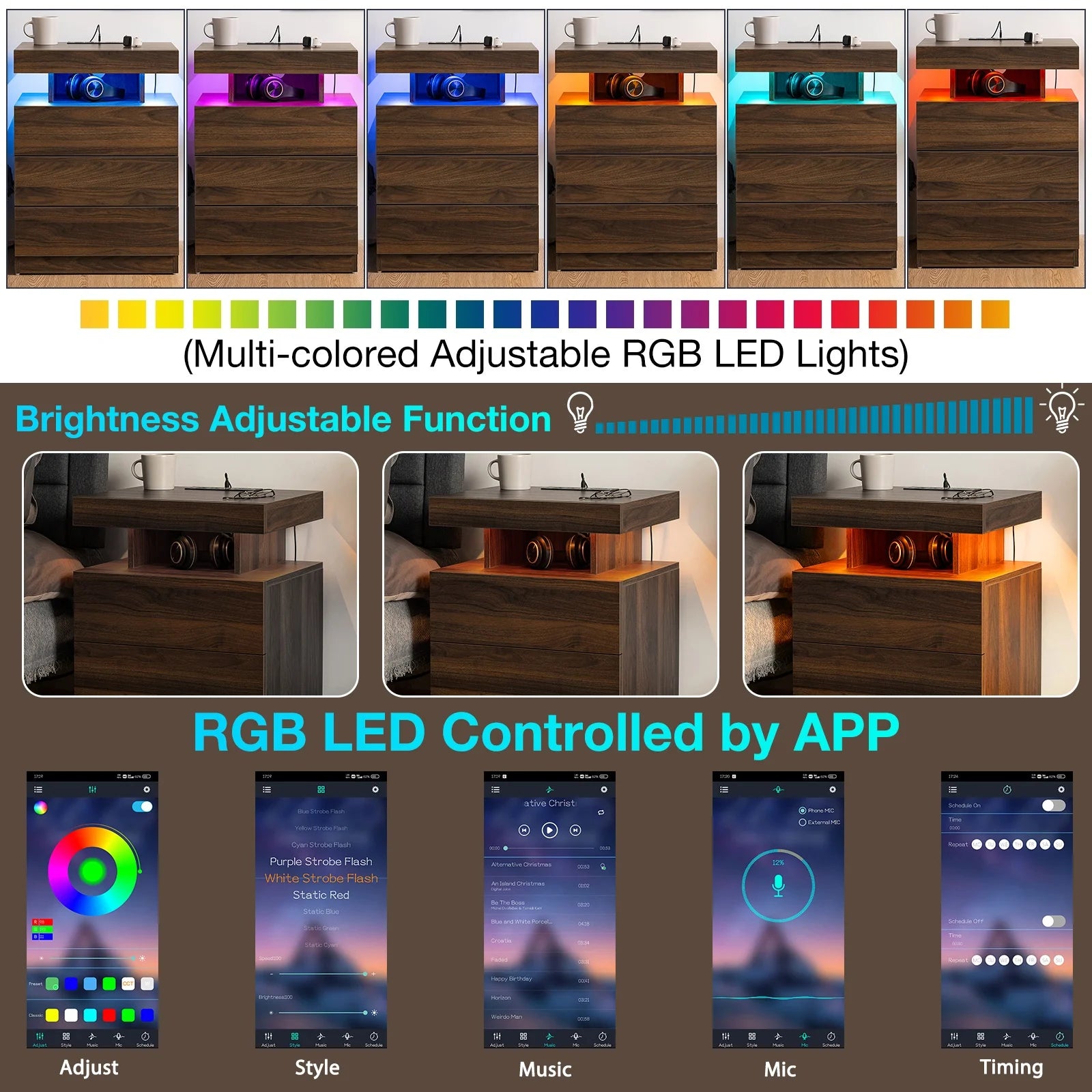 Hommpa LED Nightstand Wireless Charging Station USB Type C Outlets Bedside Table 3 Drawers Black Night - Product image 16