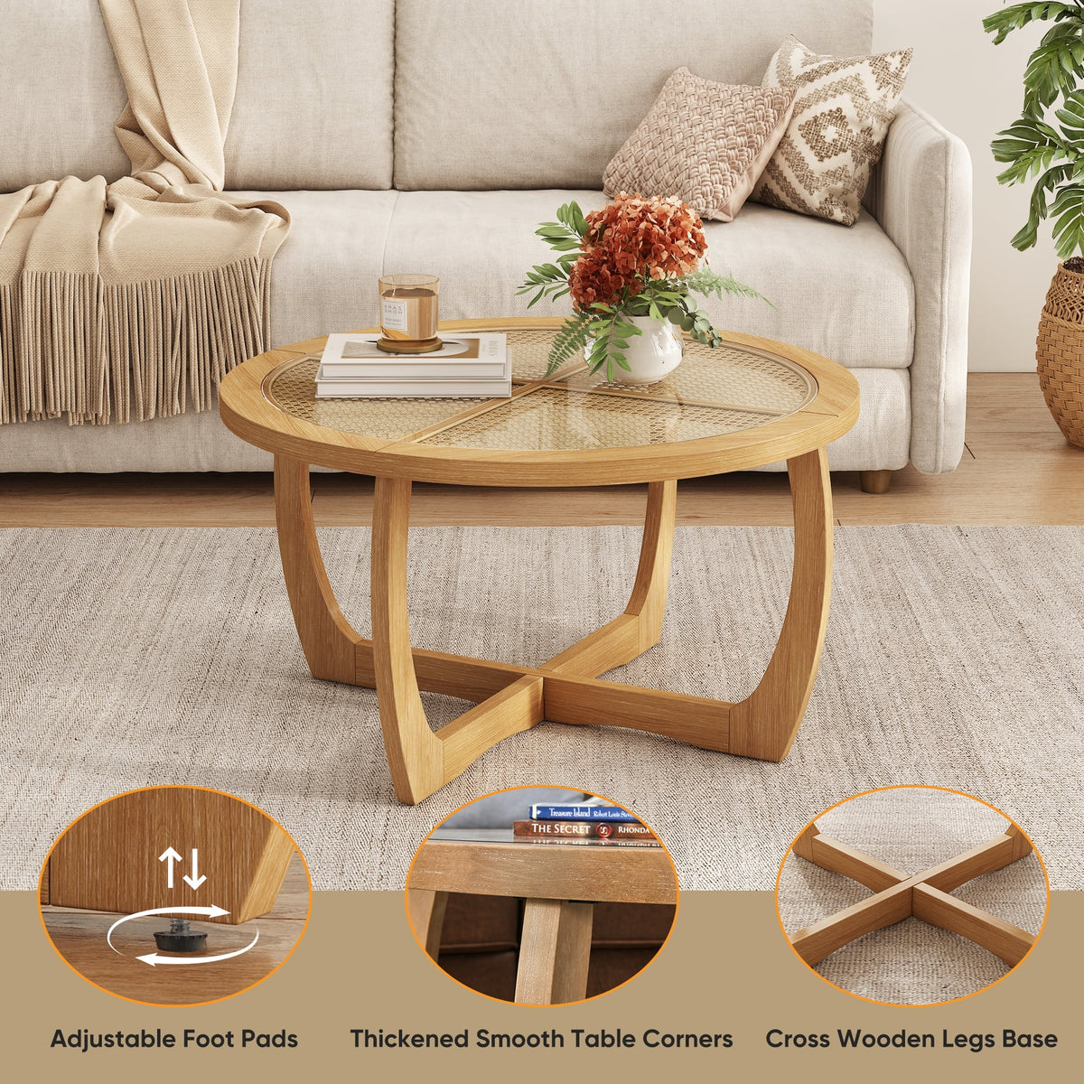 Round Wood Coffee Table with Glass Rattan Top, Wooden Circle Center Table with Curved Legs & Removeable - Product image 9