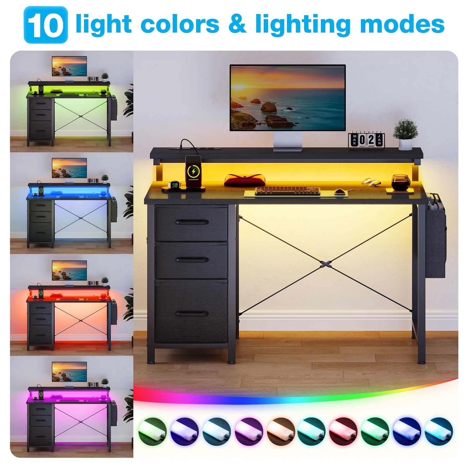 40 in Computer Desk with Power Outlets & LED Lights, Home Office Desk with 3 Drawers & Adjustable Monitor - Product image 13