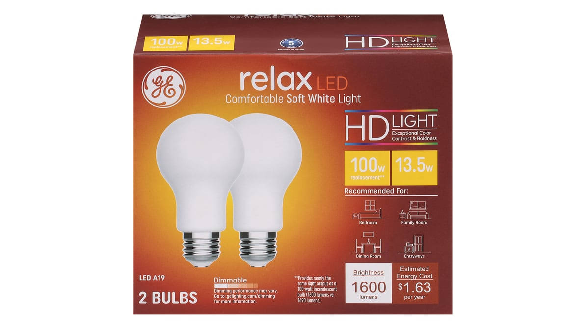GE 13.5W A19 LED Relax HD Soft White Frosted Light Bulbs - 2 Pk - Product image 1