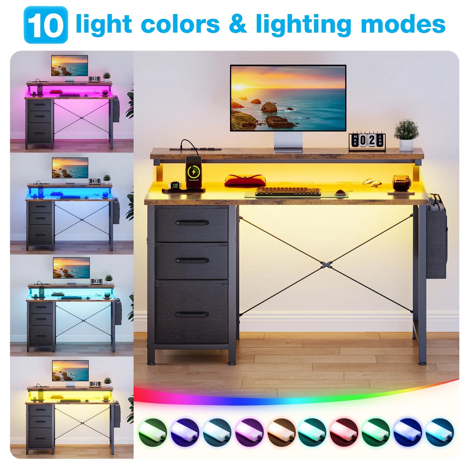 40 in Computer Desk with Power Outlets & LED Lights, Home Office Desk with 3 Drawers & Adjustable Monitor - Product image 12