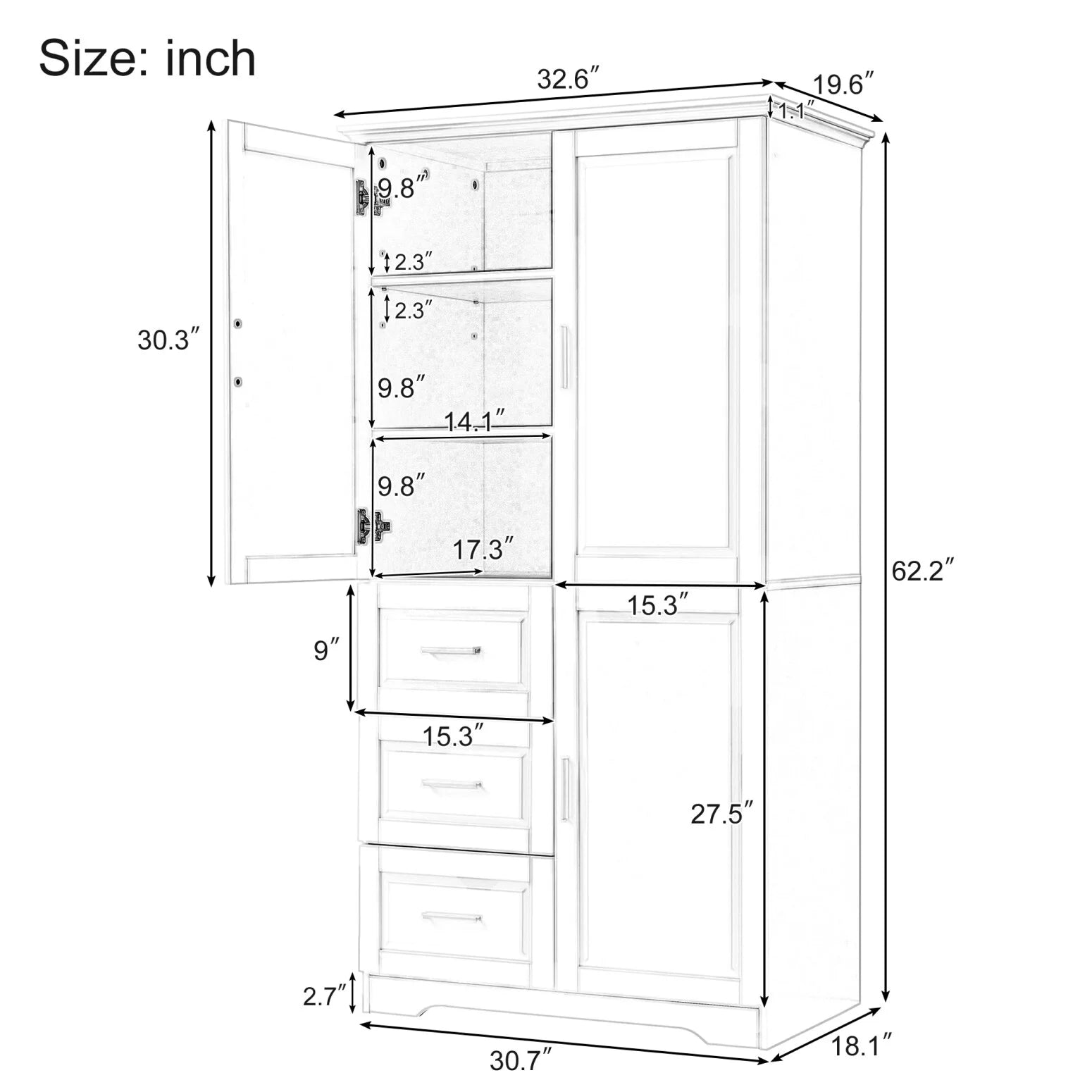Bathroom Cabinet, 62.2" Tall Storage Cabinet with Doors and Shelves - Product image 15