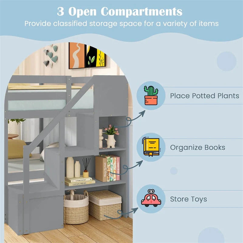 Twin Over Full Bunk Bed with Storage Stairs, Solid Wood Floor Bunk Bed with Full-Length Guardrails, Low Bunk Bed with for Kids Teens Adults