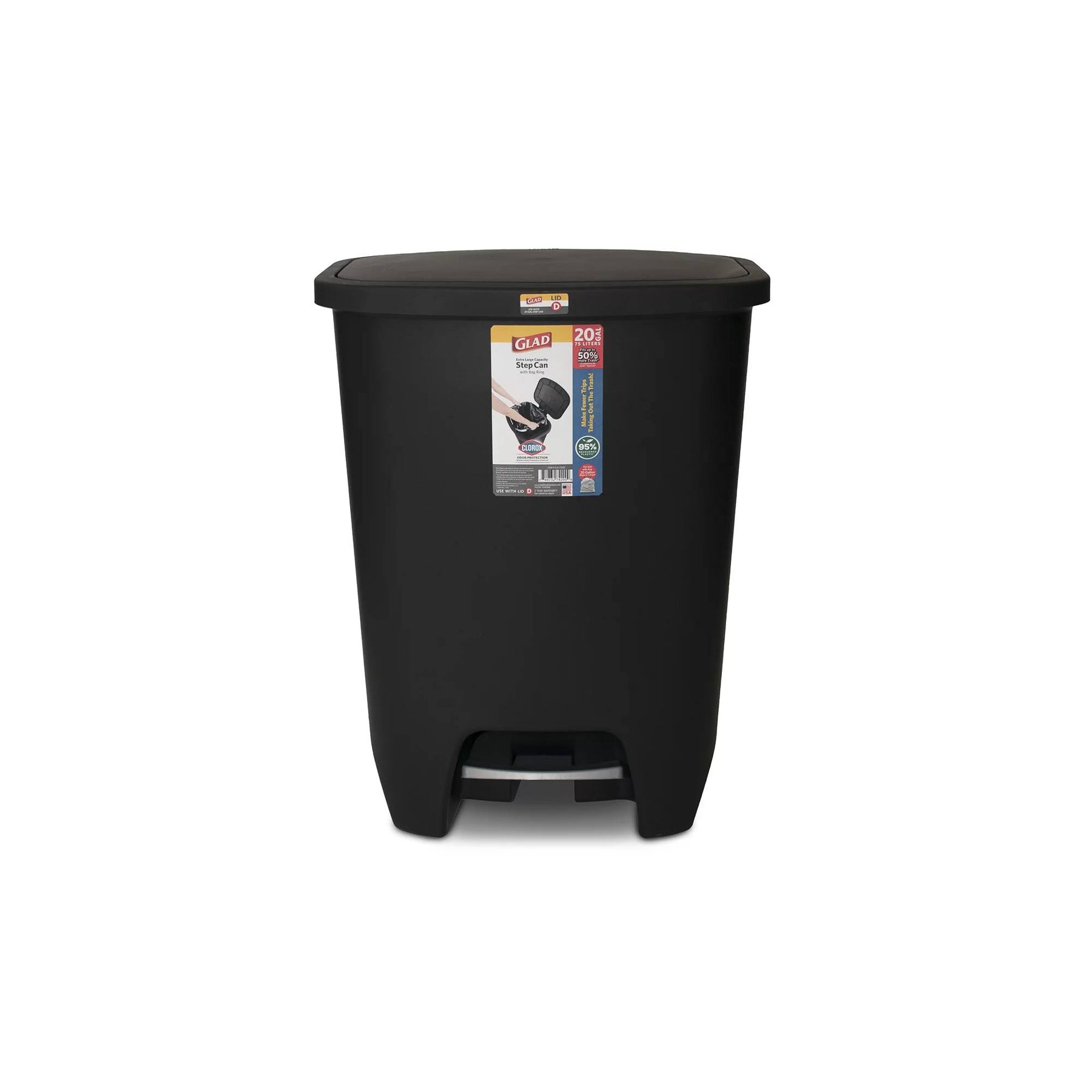 Glad 20 Gal Plastic Step Kitchen Trash Can, Black - Product image 1