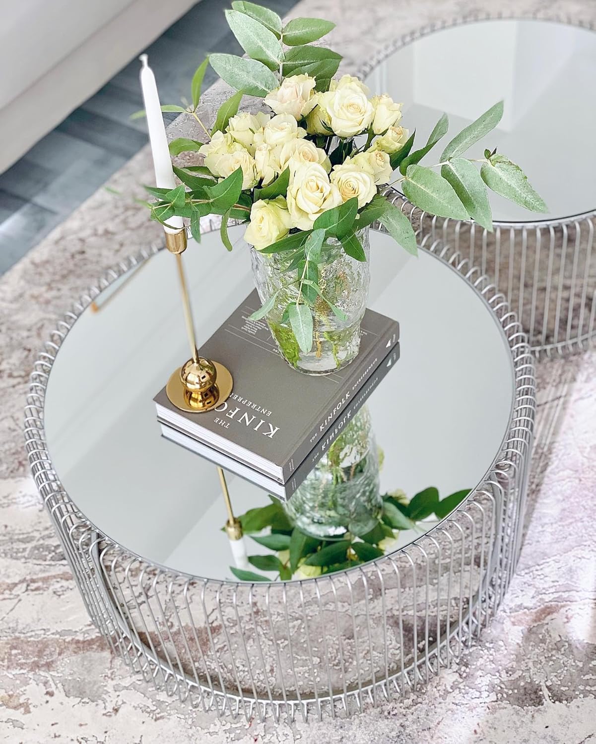 Kare Design Wire coffee tables, silver/mirror, round, steel, glass, living room coffee table set of 2, furniture, living room table, bedroom, Ø70cm, Ø60cm