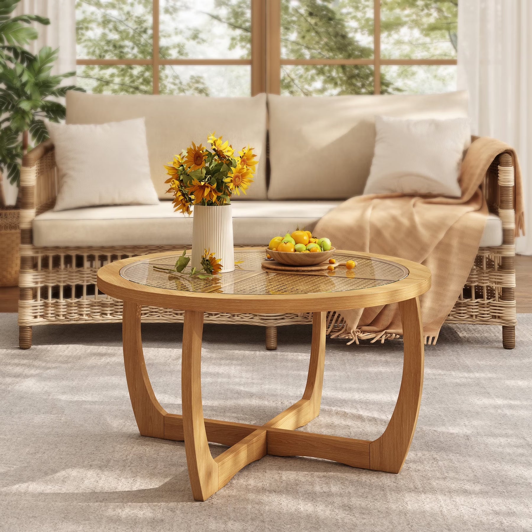 Round Wood Coffee Table with Glass Rattan Top, Wooden Circle Center Table with Curved Legs & Removeable - Product image 1