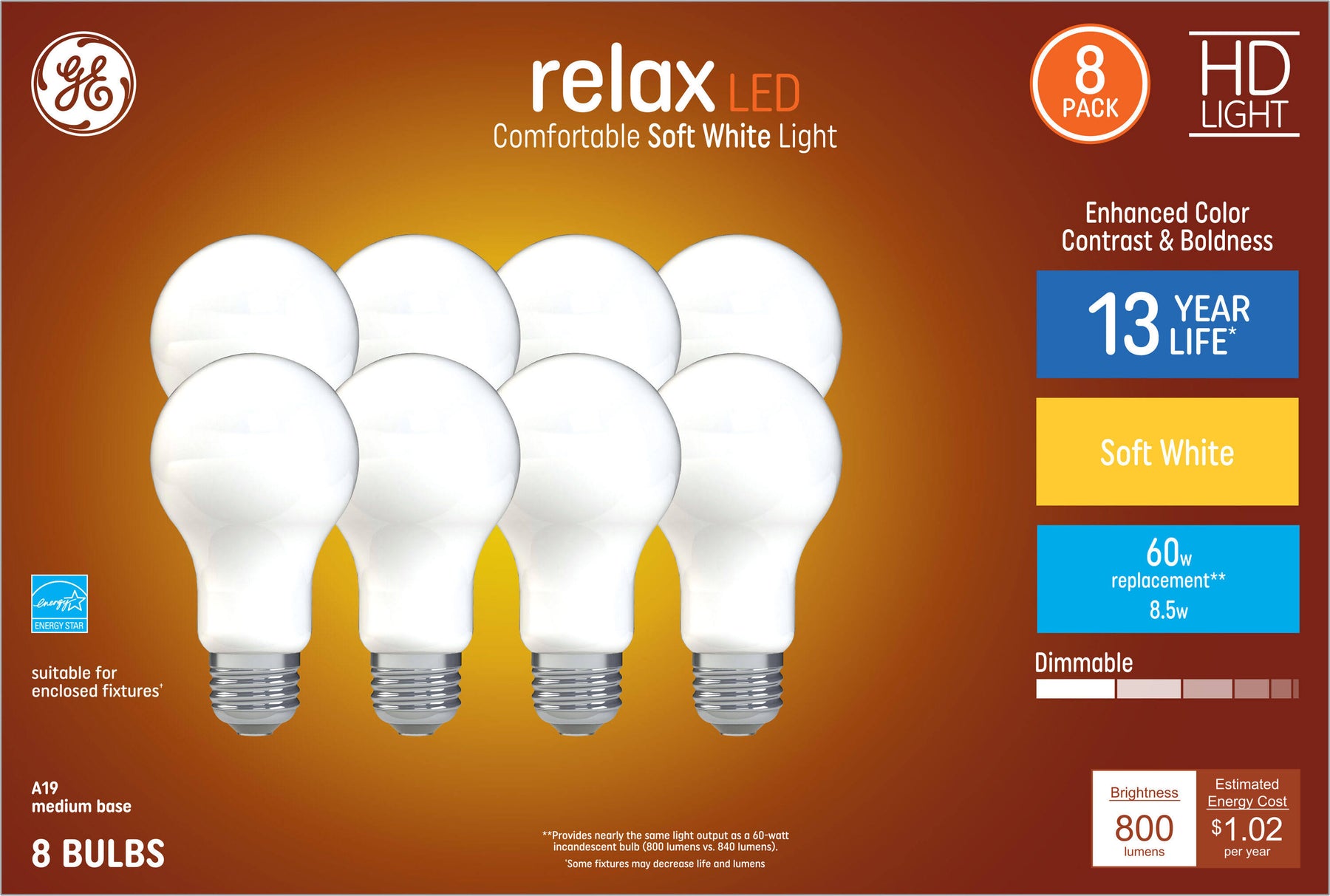 GE Relax 8-Pack 60 W Equivalent Dimmable Warm White A19 LED Light Fixture Light Bulbs - Product image 1