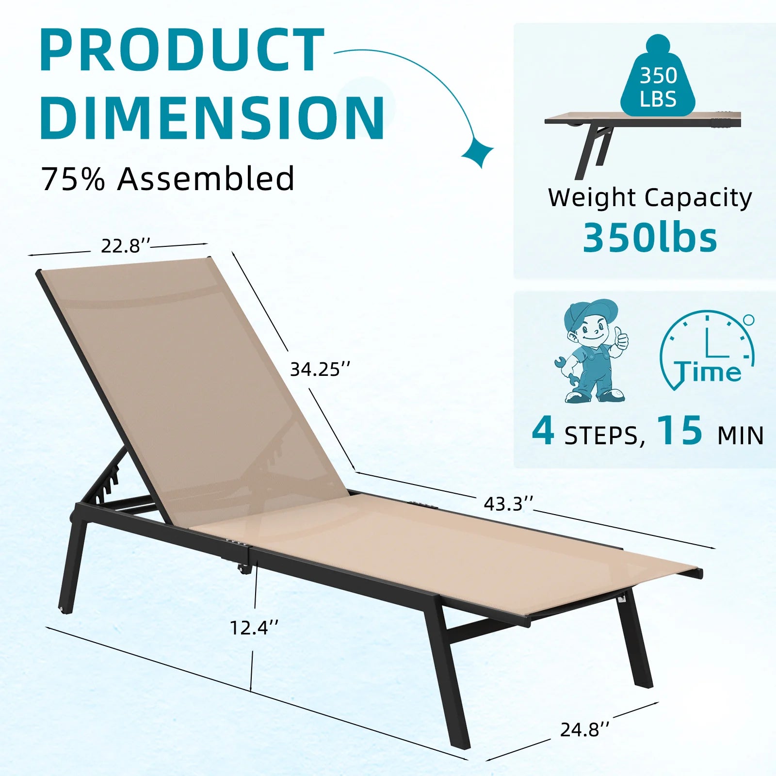 AECOJOY Patio Lounge Chairs, Outdoor Chaise Lounge with Wheels, Beige, 4PCS - Product image 3