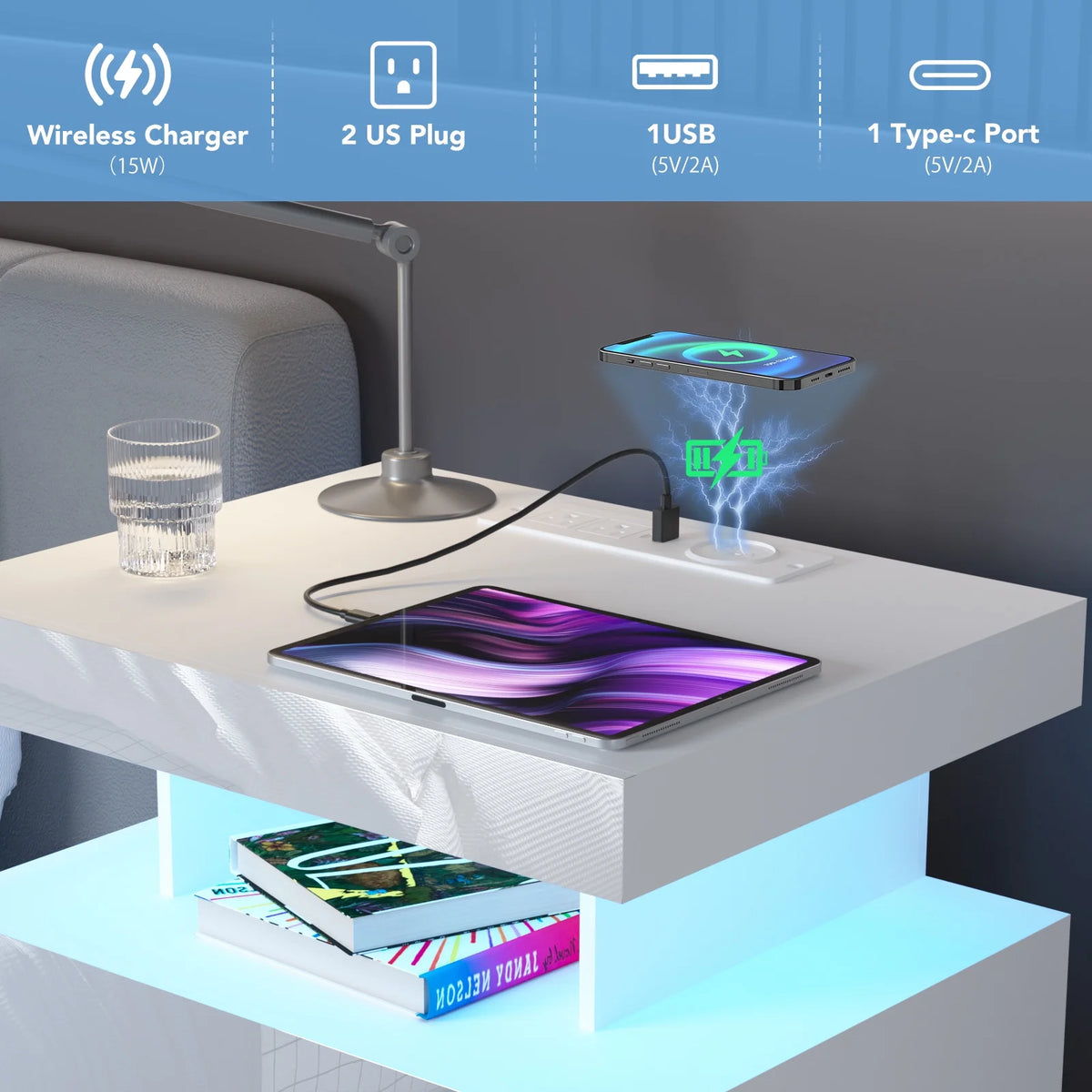 Hommpa LED Nightstand Wireless Charging Station USB Type C Outlets Bedside Table 3 Drawers Black Night - Product image 39