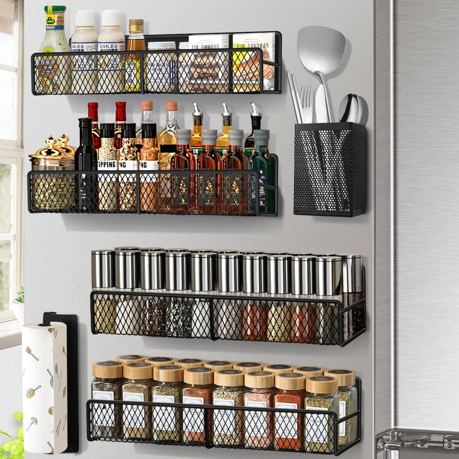DTUQYX Magnetic Spice Rack, Refrigerator Organizer, 6 Pack Metal Black Magnetic Shelf with Paper Towel - Product image 1