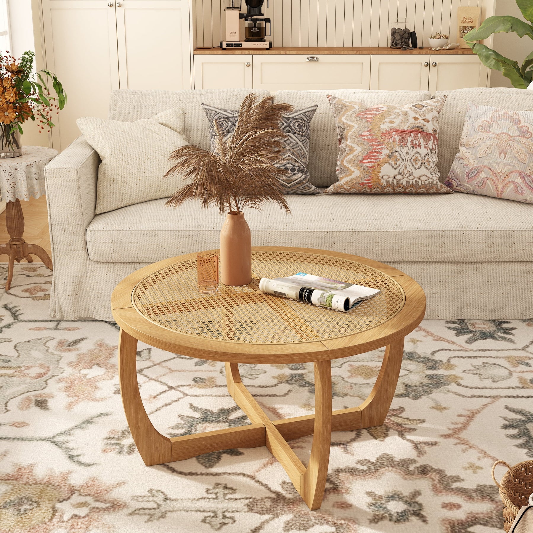 Round Wood Coffee Table with Glass Rattan Top, Wooden Circle Center Table with Curved Legs & Removeable - Product image 18