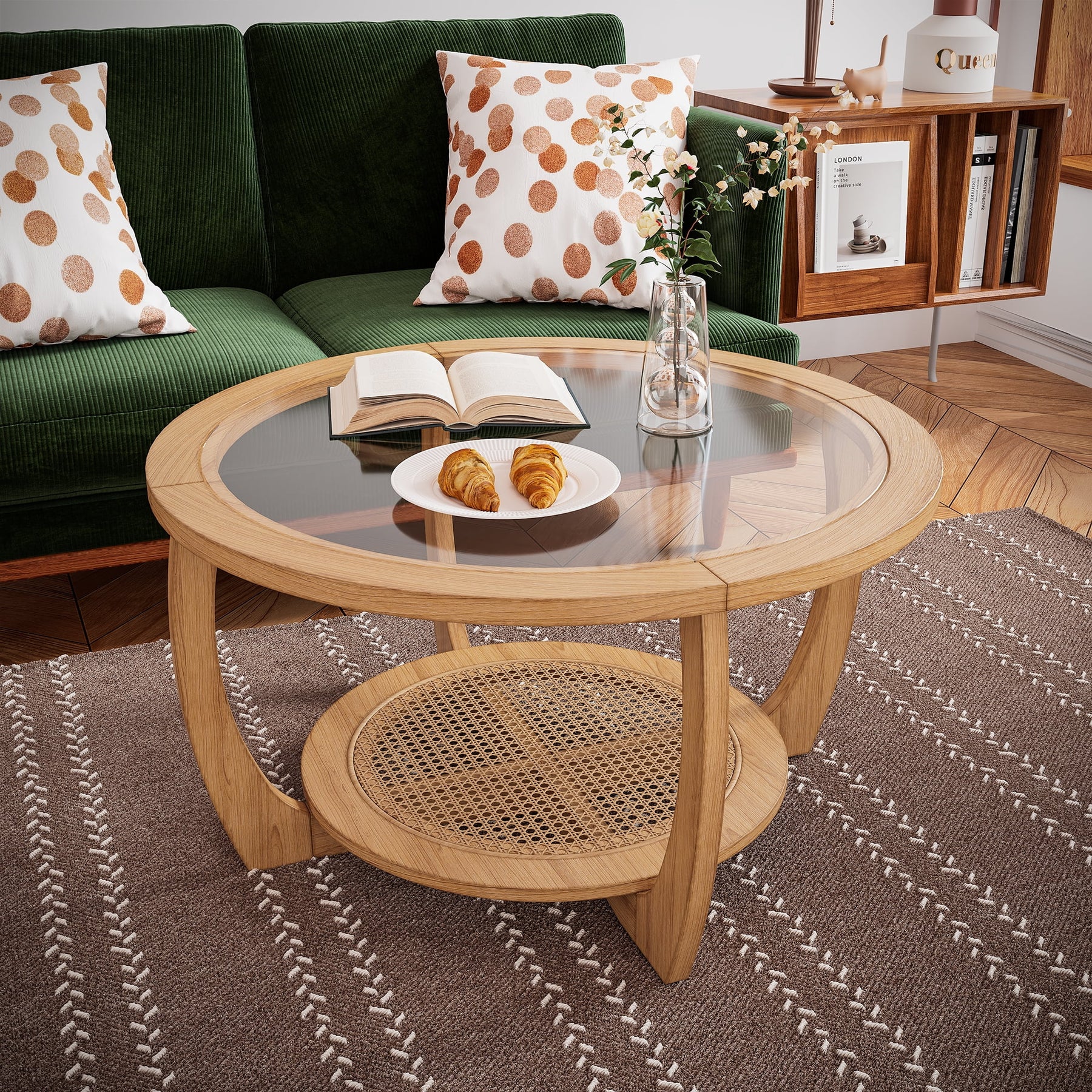 Round Wood Coffee Table with Glass Rattan Top, Wooden Circle Center Table with Curved Legs & Removeable - Product image 13