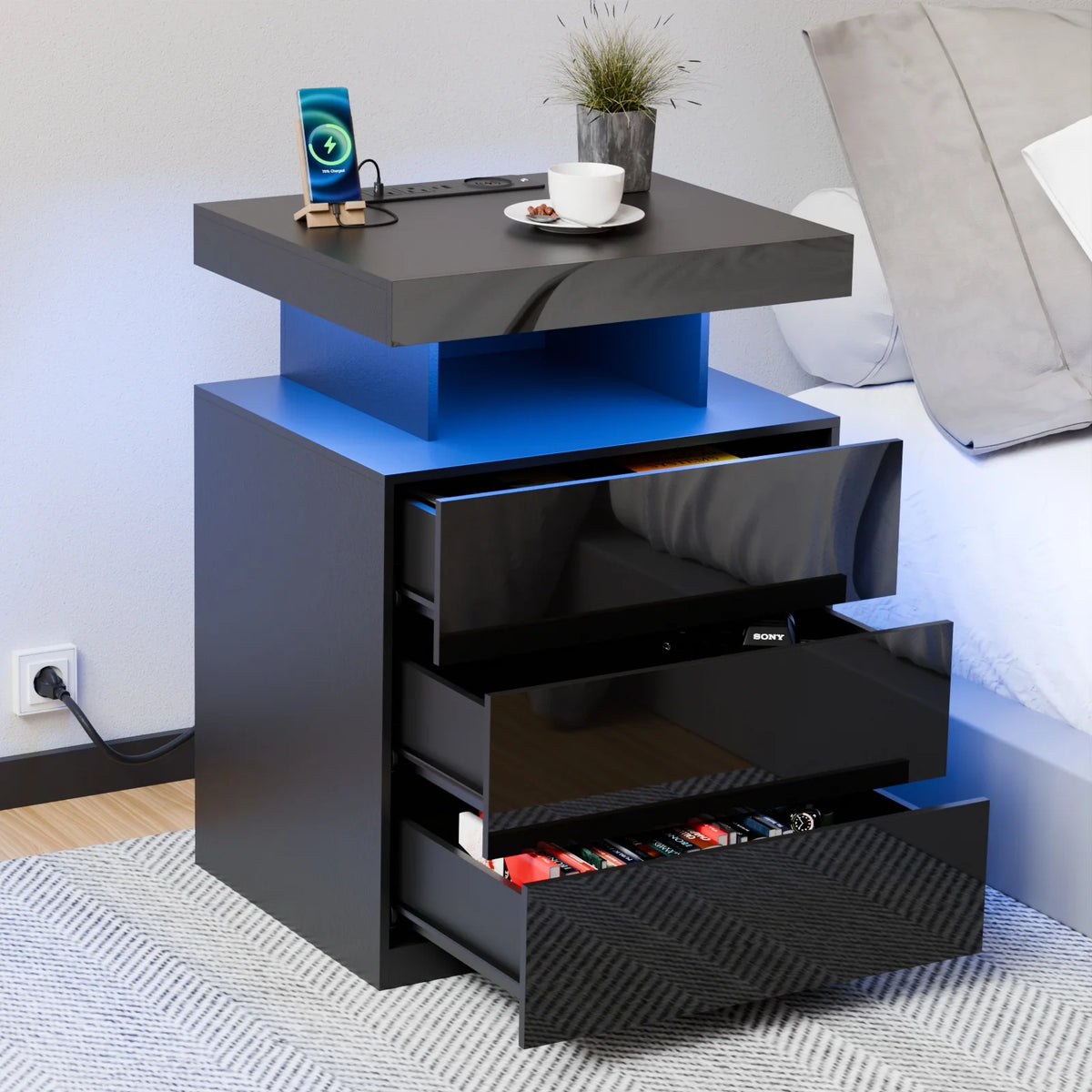 Hommpa LED Nightstand Wireless Charging Station USB Type C Outlets Bedside Table 3 Drawers Black Night - Product image 11