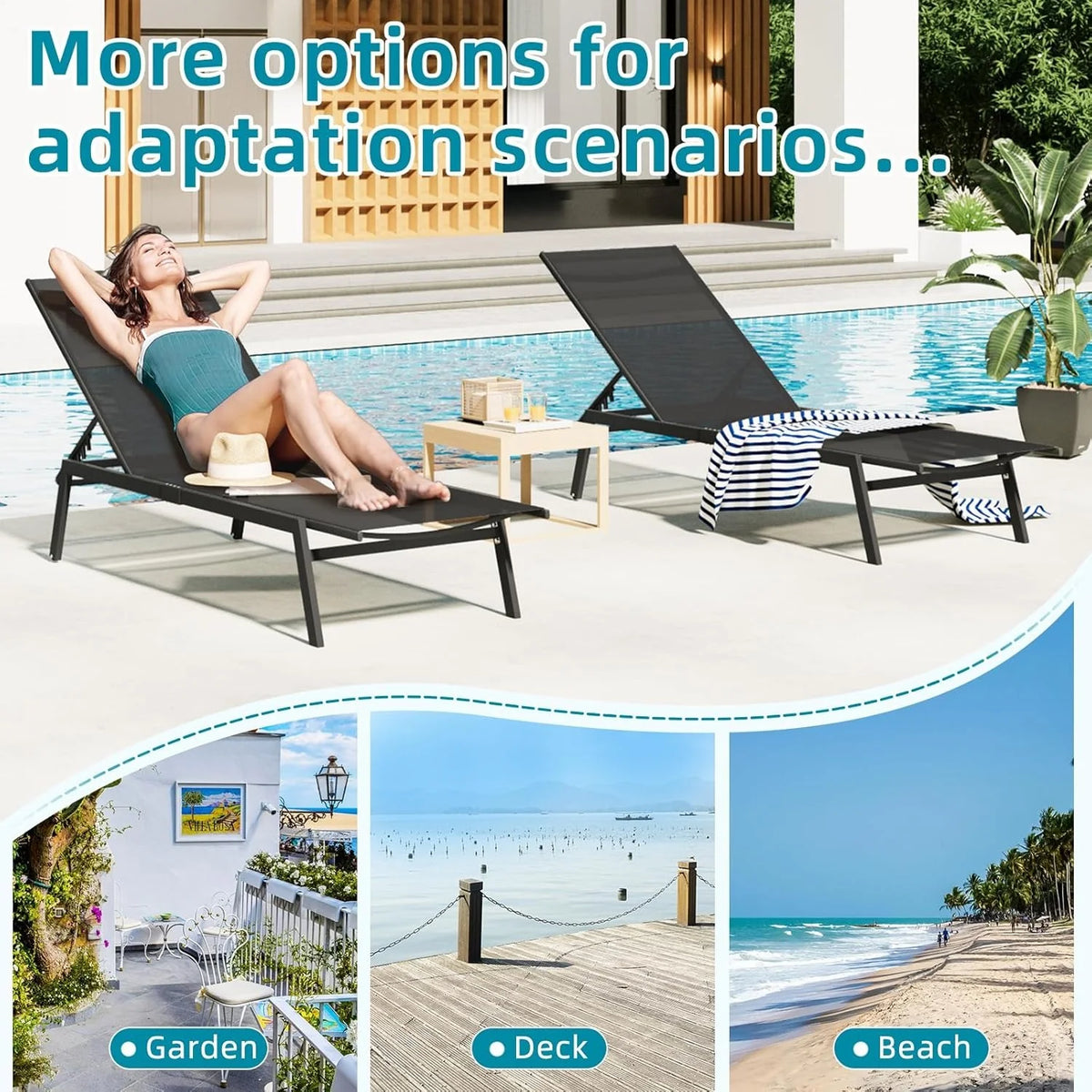 AECOJOY Patio Lounge Chairs, Outdoor Chaise Lounge with Wheels, Black - Product image 4
