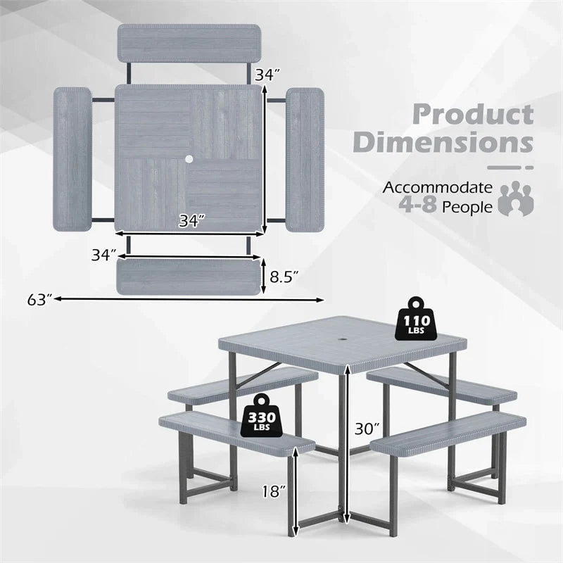 4-8 Person Outdoor Picnic Table Bench Set, All-Weather HDPE Square Dining Table with Umbrella Hole - Product image 26