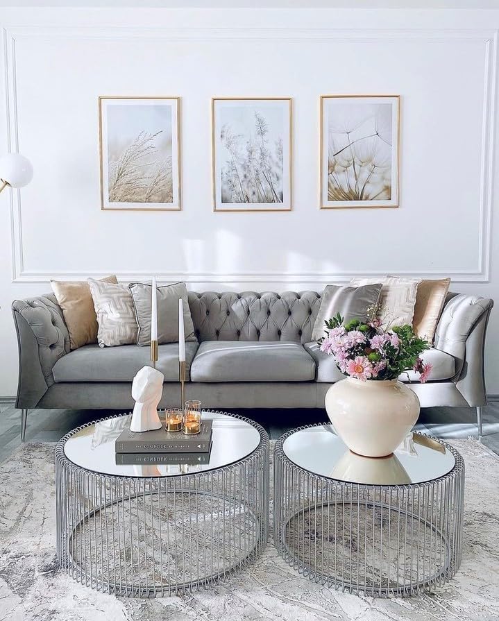 Kare Design Wire coffee tables, silver/mirror, round, steel, glass, living room coffee table set of 2, furniture, living room table, bedroom, Ø70cm, Ø60cm