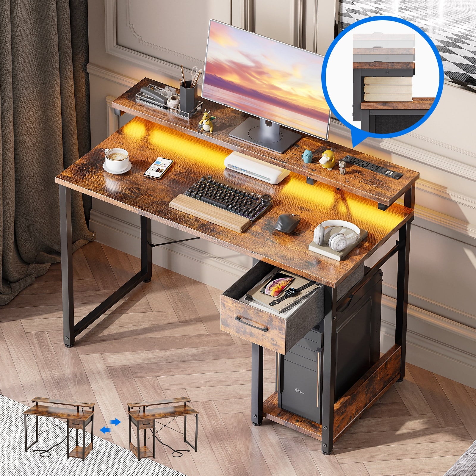 40 in Computer Desk with Power Outlets & LED Lights, Home Office Desk with 3 Drawers & Adjustable Monitor - Product image 36
