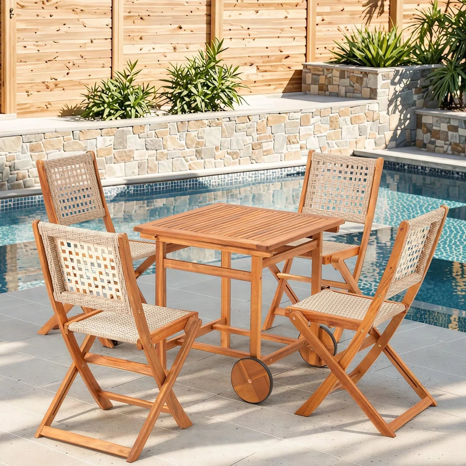 AECOJOY 5 Piece Outdoor Patio Dining Set, Acacia Wood Outdoor Table and Chairs with Wheels - Product image 2