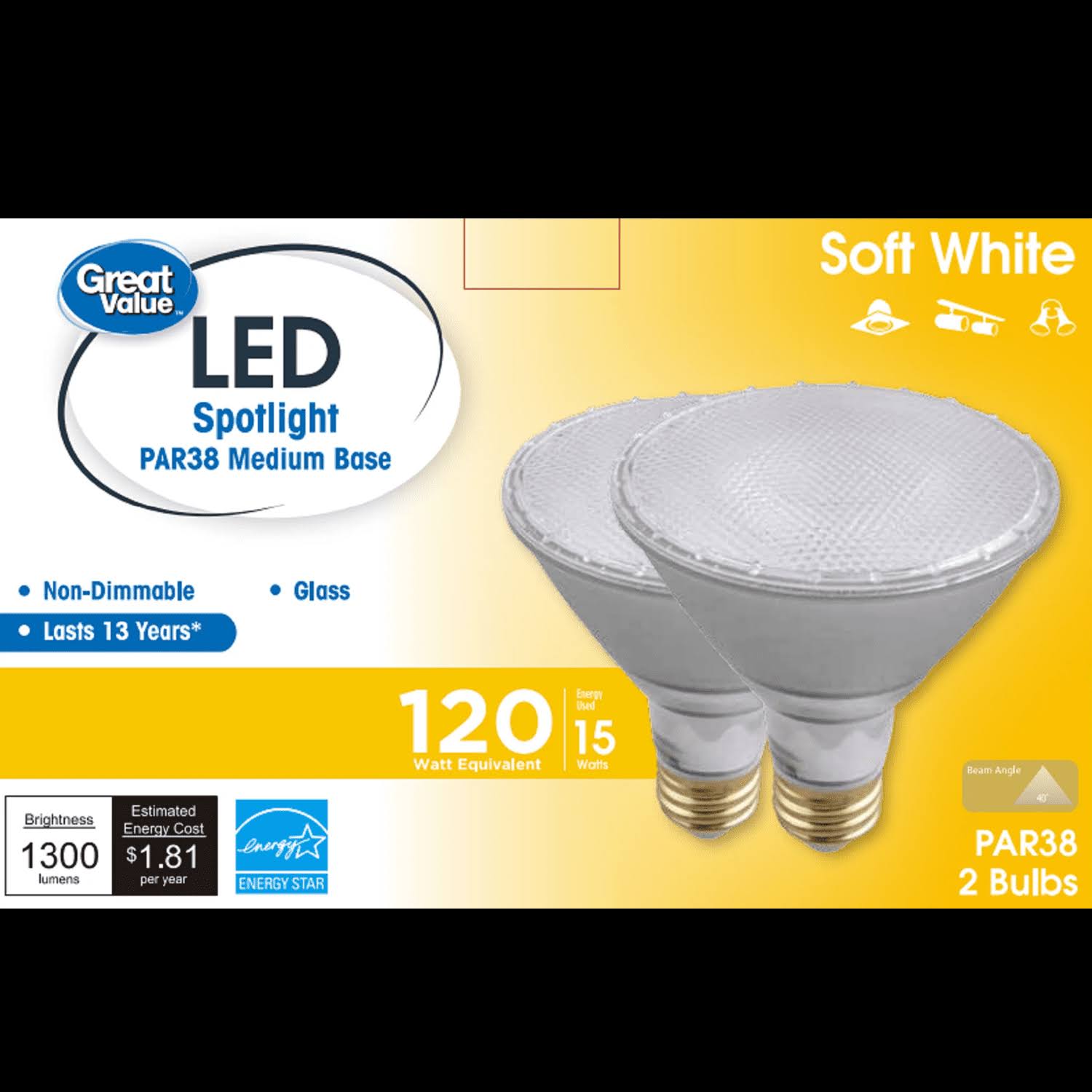 Great Value LED Light Bulb PAR38 120W Eqv. 2 Pack Warmwhite E26, Clear - Product image 1