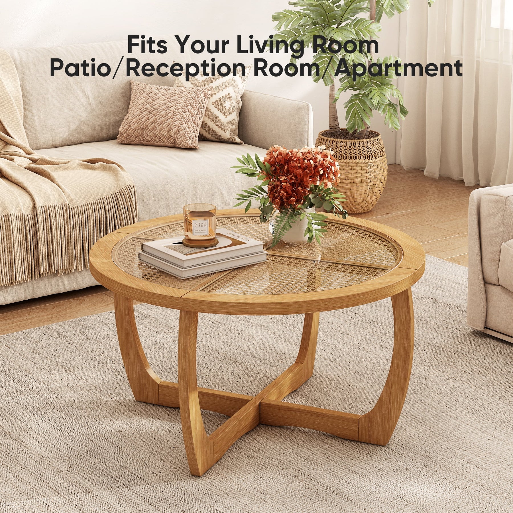 Round Wood Coffee Table with Glass Rattan Top, Wooden Circle Center Table with Curved Legs & Removeable - Product image 2