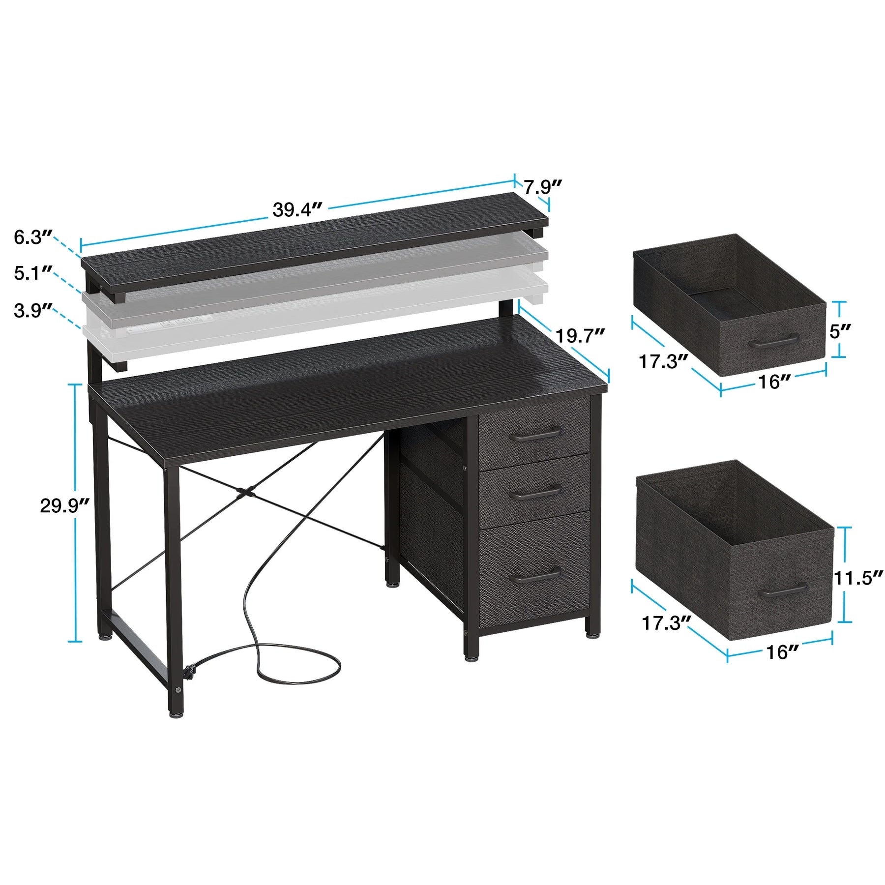 40 in Computer Desk with Power Outlets & LED Lights, Home Office Desk with 3 Drawers & Adjustable Monitor - Product image 18