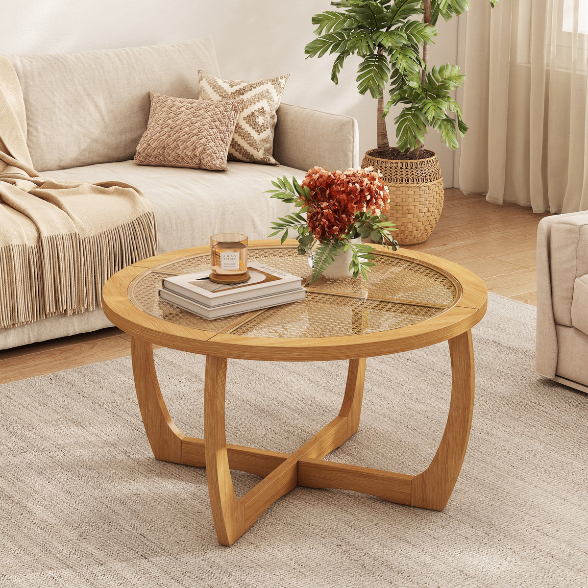 Round Wood Coffee Table with Glass Rattan Top, Wooden Circle Center Table with Curved Legs & Removeable - Product image 6