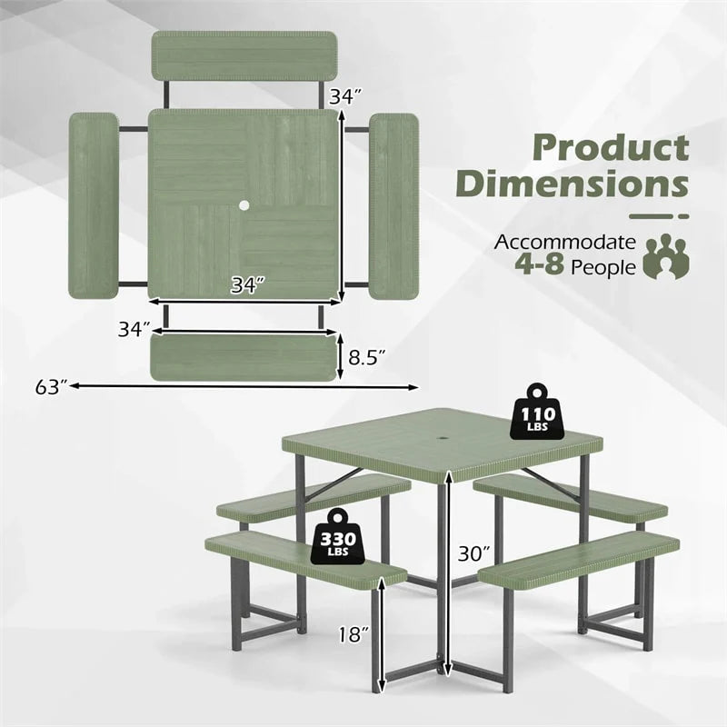 4-8 Person Outdoor Picnic Table Bench Set, All-Weather HDPE Square Dining Table with Umbrella Hole - Product image 4