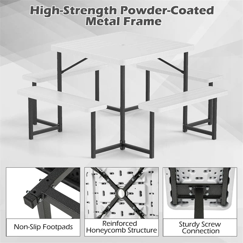 4-8 Person Outdoor Picnic Table Bench Set, All-Weather HDPE Square Dining Table with Umbrella Hole - Product image 41