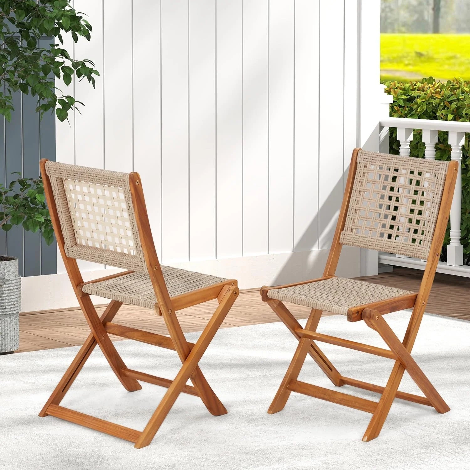 AECOJOY Outdoor Folding Chairs Set of 2, Wooden Patio Dining Chairs with High Back