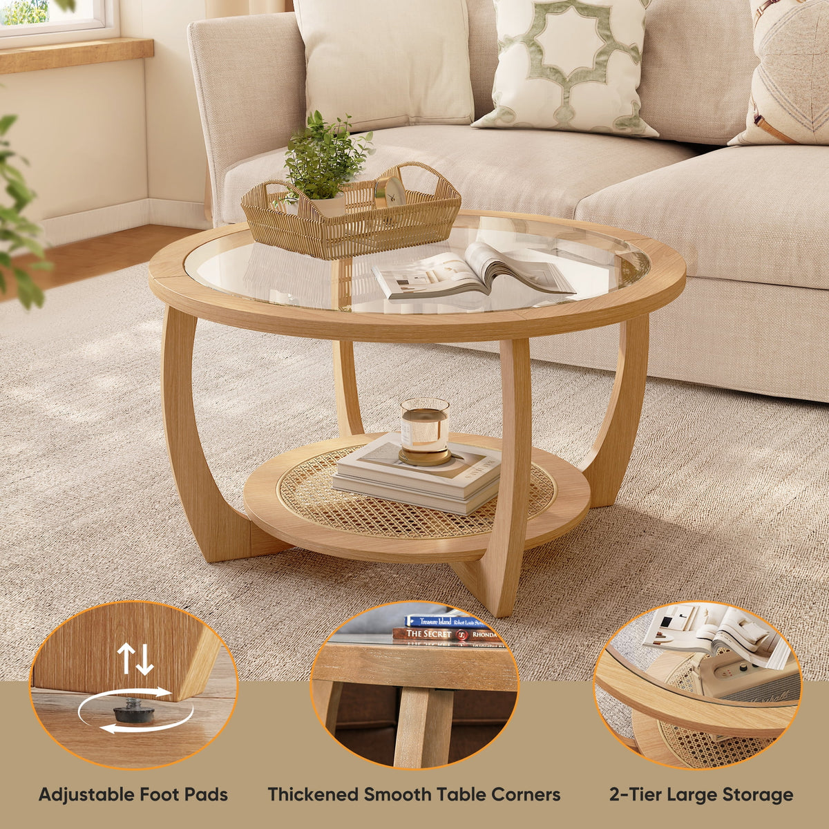 Round Wood Coffee Table with Glass Rattan Top, Wooden Circle Center Table with Curved Legs & Removeable - Product image 16