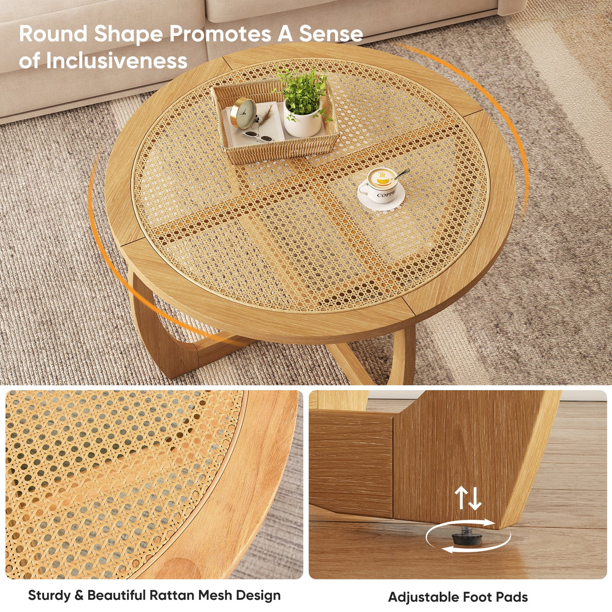 Round Wood Coffee Table with Glass Rattan Top, Wooden Circle Center Table with Curved Legs & Removeable - Product image 20