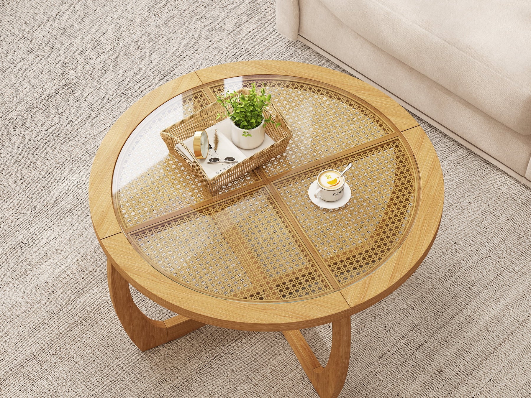 Round Wood Coffee Table with Glass Rattan Top, Wooden Circle Center Table with Curved Legs & Removeable - Product image 7