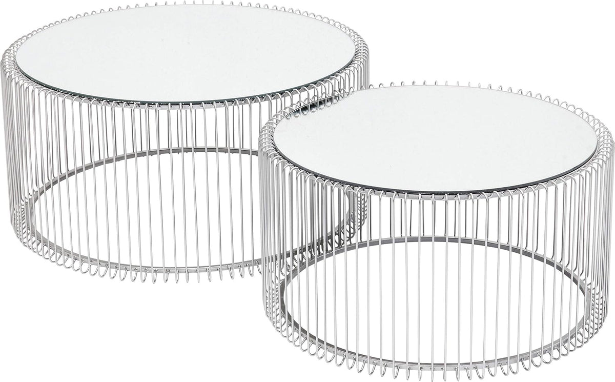 Kare Design Wire coffee tables, silver/mirror, round, steel, glass, living room coffee table set of 2, furniture, living room table, bedroom, Ø70cm, Ø60cm