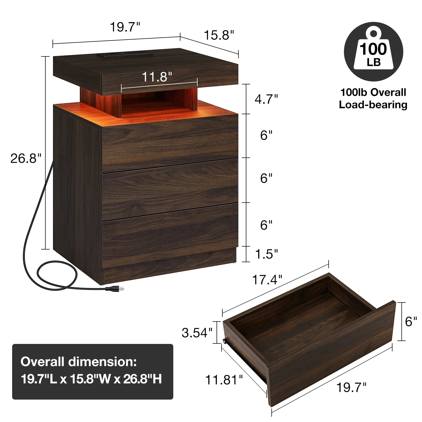 Hommpa LED Nightstand Wireless Charging Station USB Type C Outlets Bedside Table 3 Drawers Black Night - Product image 20
