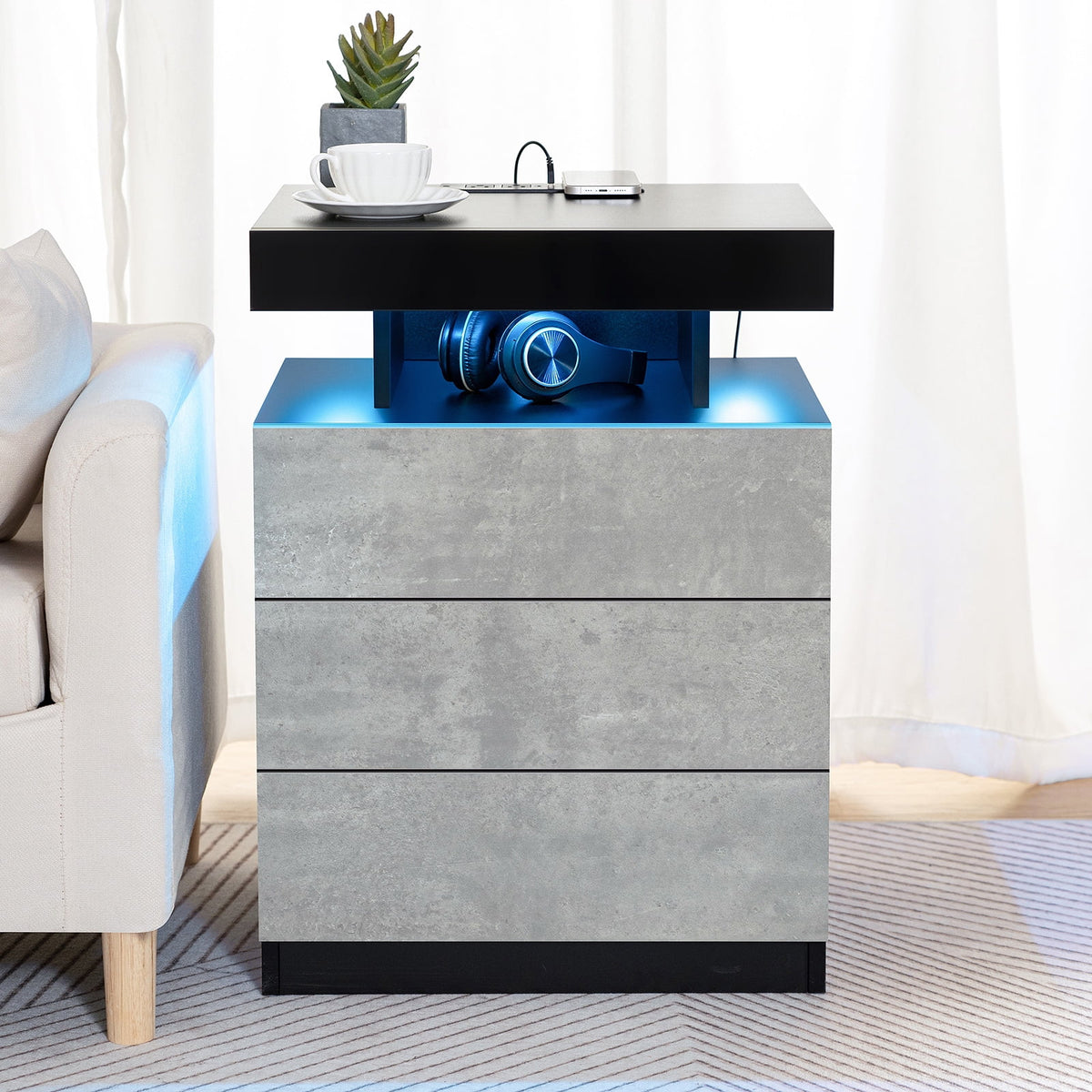 Hommpa LED Nightstand Wireless Charging Station USB Type C Outlets Bedside Table 3 Drawers Black Night - Product image 31