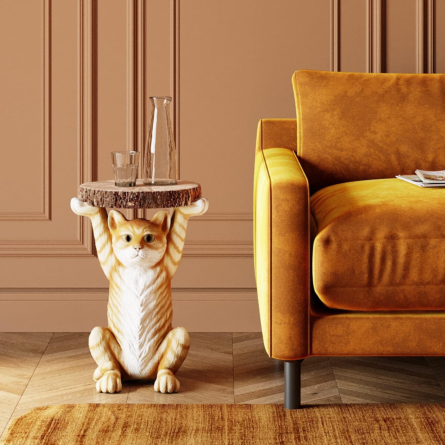 Kare Design Animal Side Table Ms. Cat, Cat, Brown/Orange, Round, Diameter 33 cm, Living Room Table, Furniture, Gift, Interior Decoration, Bedroom Decoration, Home