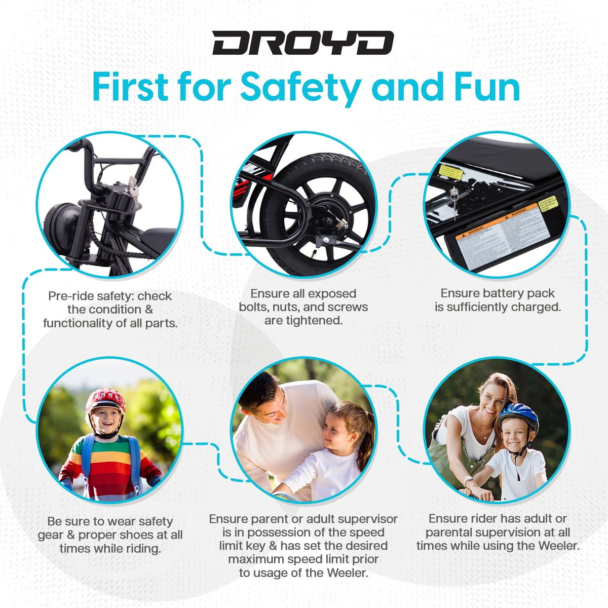 Droyd Weeler Electric Mini Bike - 24V 8ah Battery, 6 - 10 MPH, up to 8 Miles, LED Lights, Kids Ages 6+ - Product image 18